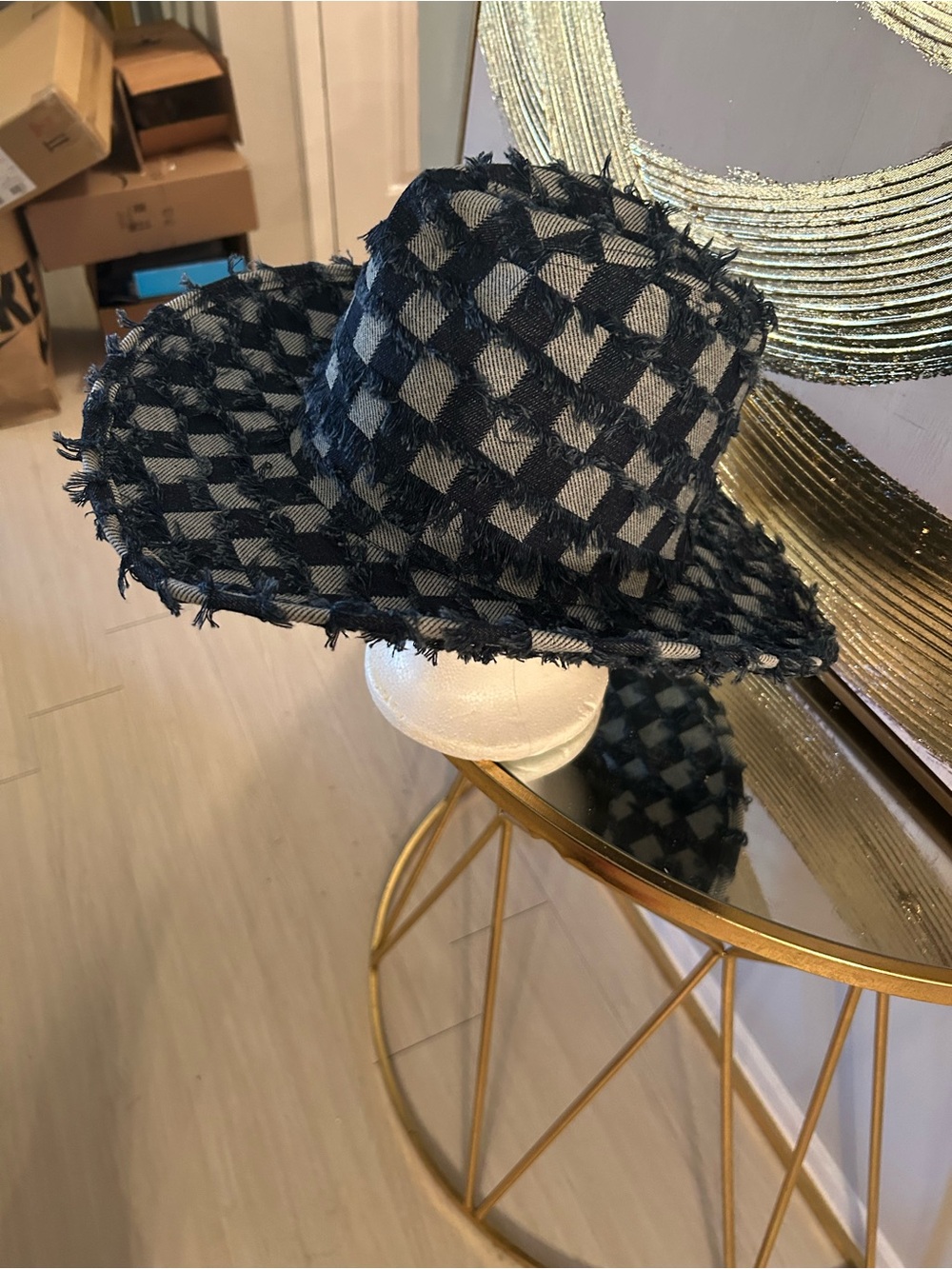 Frayed Check Wide-Brim Women's Hat blue jean denim